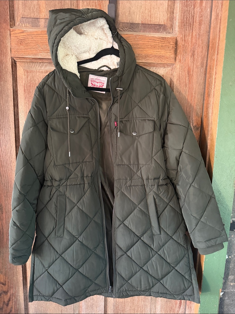 Levi's Olive Green Quilted Puffer Coat with Sherpa Hood